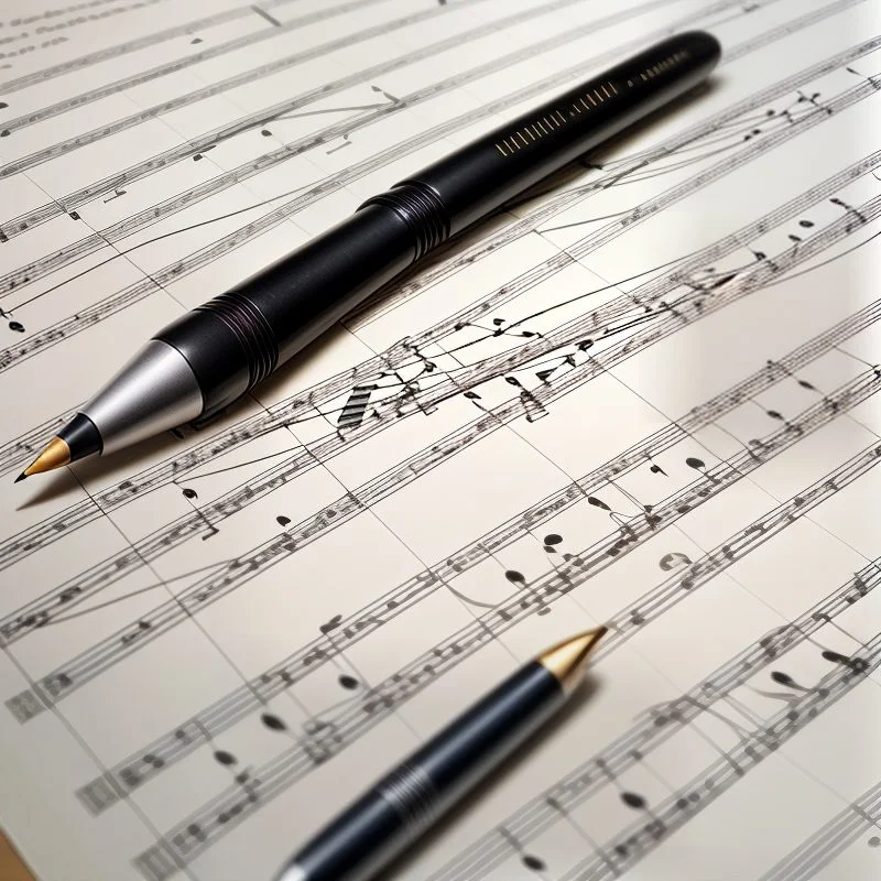 Stylos posées sur une partition raturée.